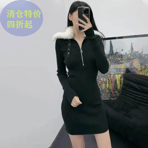 暗黑风黑色针织拉链包臀连衣裙女
