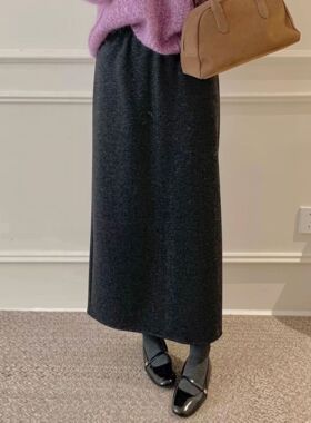 25秋冬新款松紧腰毛呢半身裙高腰中长A字裙加绒直筒半裙那边22729