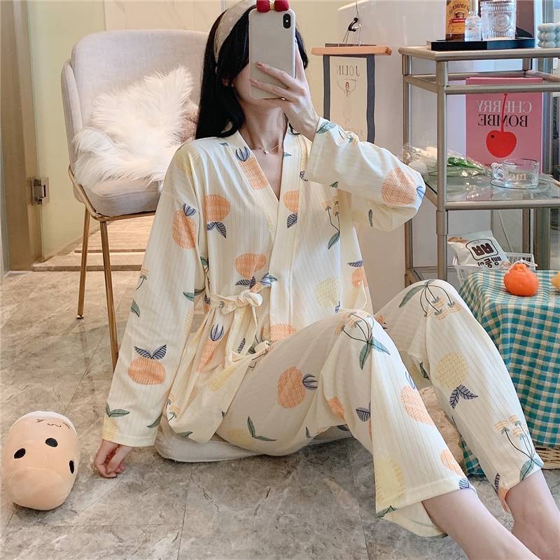 新疆包邮专区长袖薄款睡衣女性感春季女士睡衣和服系带款橘子印花
