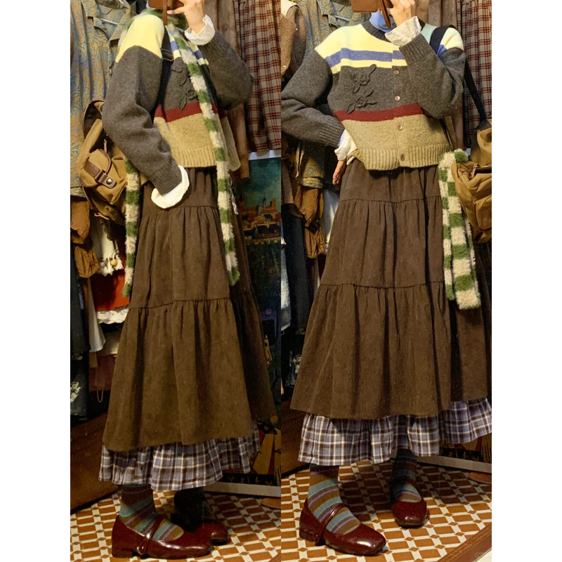 重工双层拼接格子灯芯绒半身裙文艺春夏季叠穿a字裙复古显瘦少女