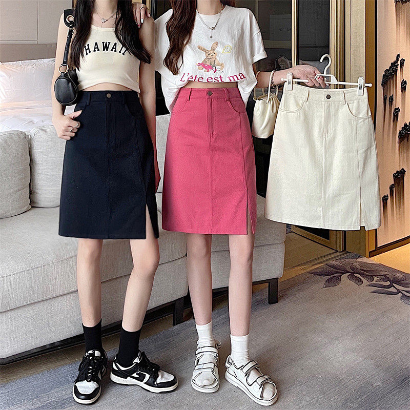 粉色开叉牛仔裙半身裙女