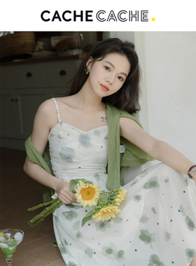 Cache Cache连衣裙法式碎花温柔气质夏季收腰显瘦吊带裙甜美清新