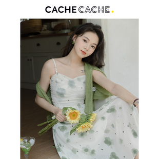 Cache Cache连衣裙法式碎花温柔气质夏季收腰显瘦吊带裙甜美清新