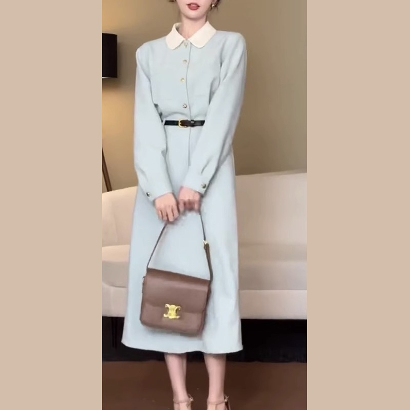 法式高级感香风蓝色长袖连衣裙子女装早初秋季2023年新款收腰长裙