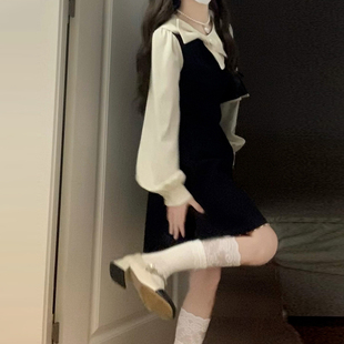 法式假两件黑色背带连衣裙子女2025新款春季富家千金收腰a字短裙