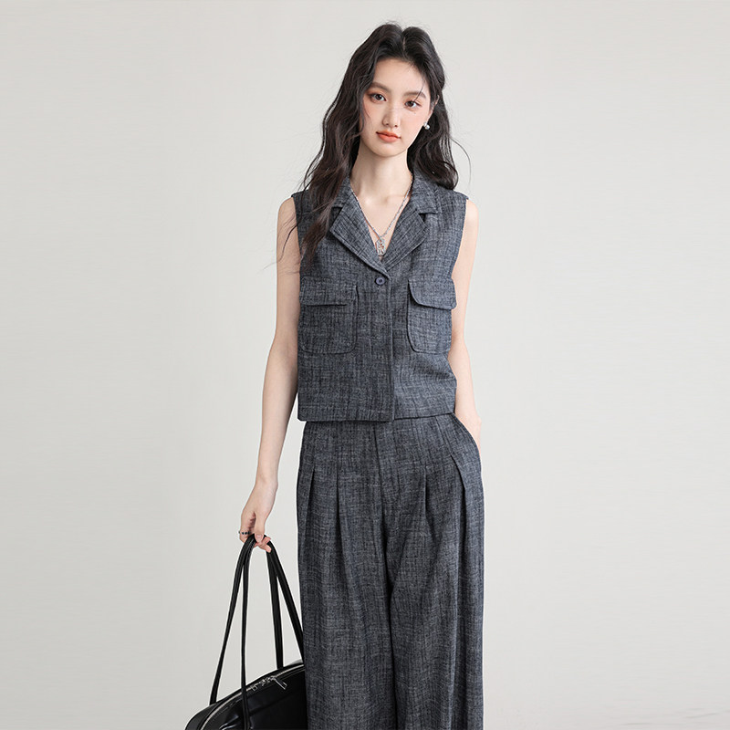 2025夏季新款赫本风西装领无袖马甲背心休闲两件套女高级感阔腿裤