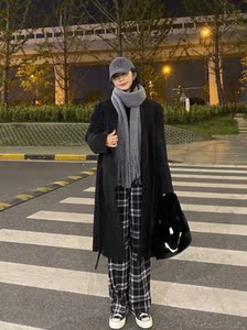 美式复古加绒格子裤女冬季新款高腰阔腿裤羊羔绒保暖休闲裤