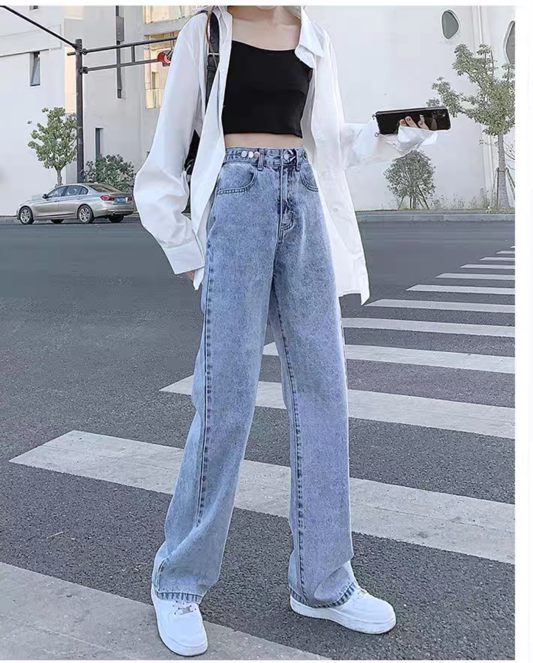 拉夏贝尔高腰阔腿牛仔裤女2023年秋季款直筒
