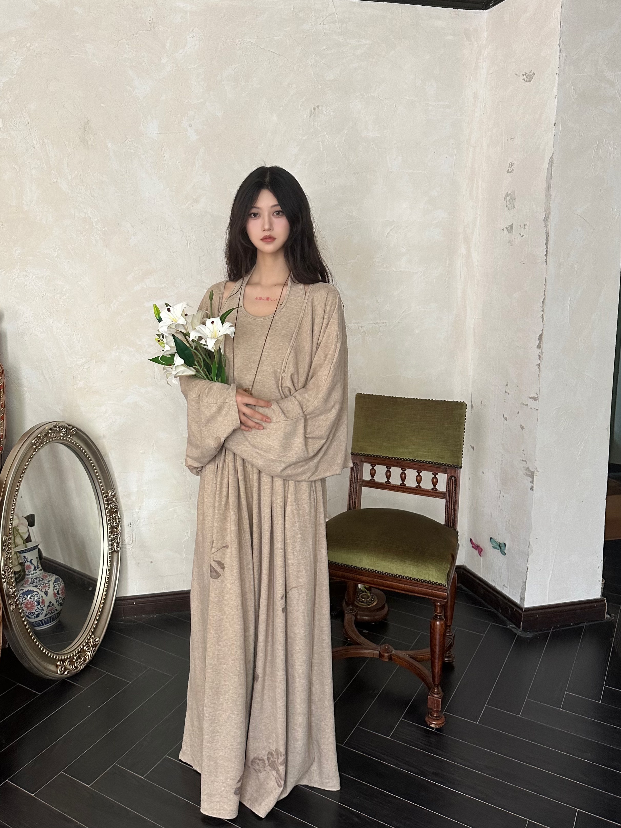 25秋款 纯手工植物染“茶青”复古文艺显瘦裤子三件套