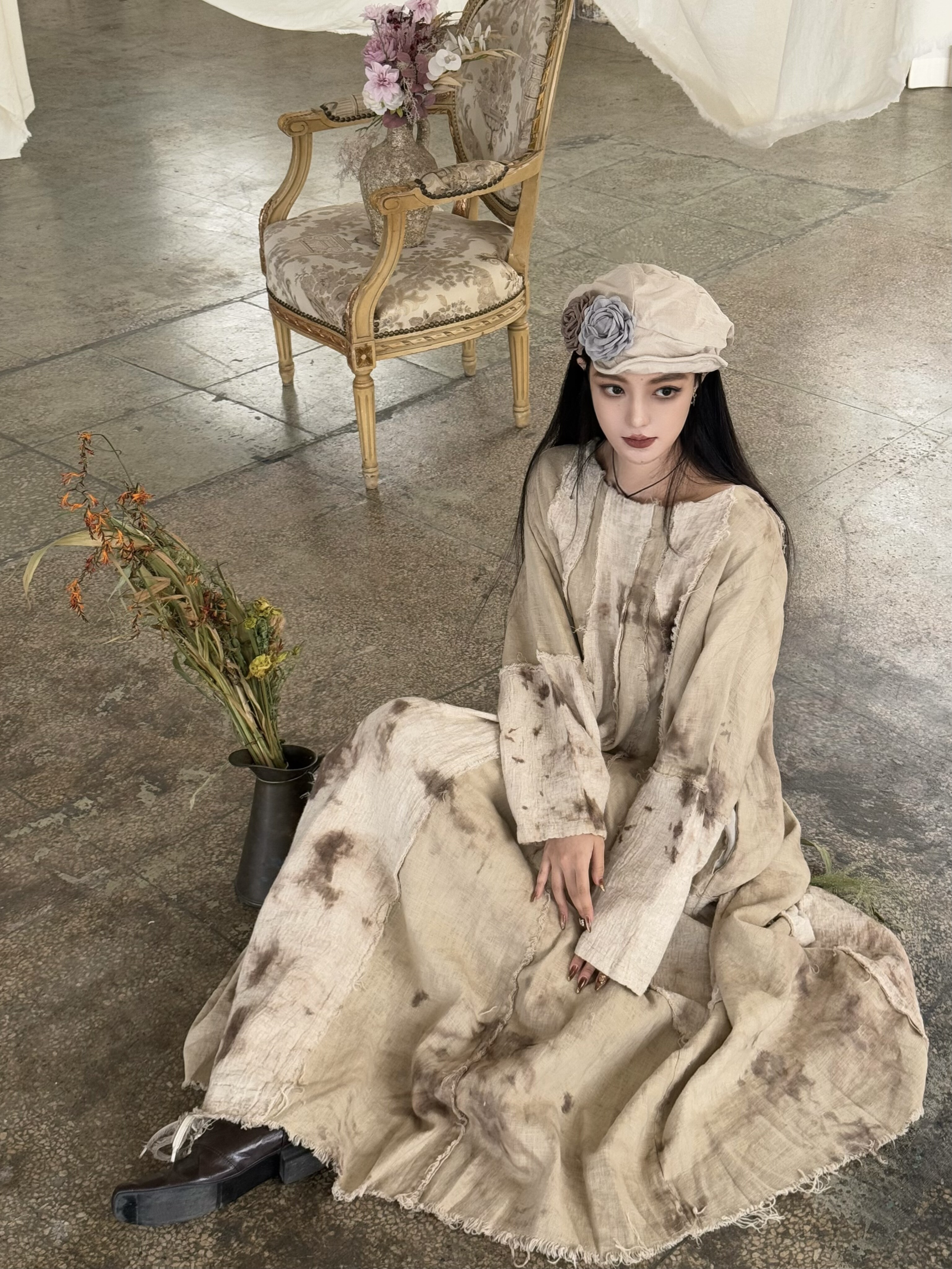 高端系列 25夏款纯手工植物染“烬白”设计感麻感长款连衣裙