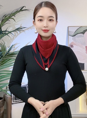 【予凡】韩版秋冬针织磁扣拼色三角巾女士时尚围巾