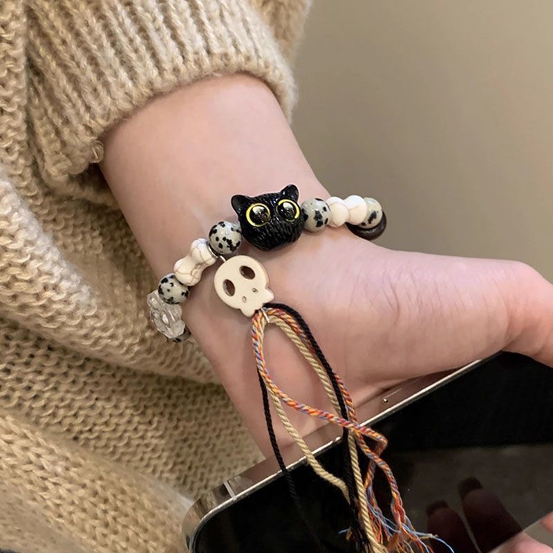 万圣节骷髅猫咪手工编织手链女小众设计感甜酷中流苏手串手饰