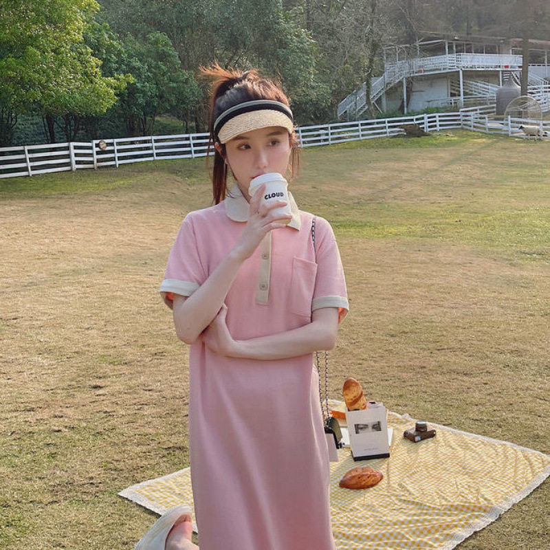 polo连衣裙夏季女学生法式气质减龄学院风韩版休闲长款过膝T恤裙