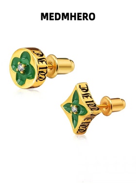 MEDM HEROS925银针珐琅雕四叶花耳钉复古个性潮简约男女百搭耳饰