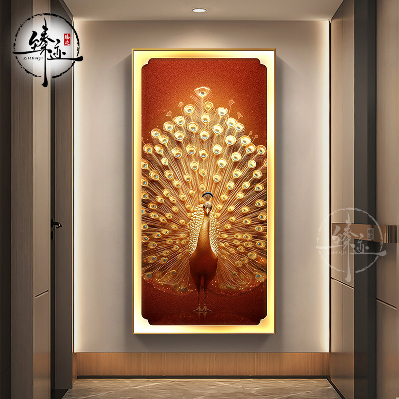 轻奢孔雀开屏玄关装饰画金箔色走廊过道挂画高级感晶瓷入户门壁画,家居饰品,现代装饰画,淘宝优惠券,粉丝福利购,淘宝优惠卷