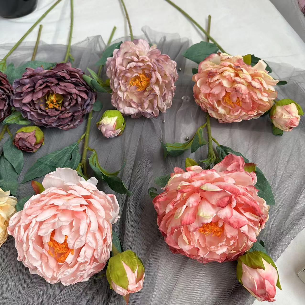 中式焦边牡丹仿真花 复古油画烤焦芍药绢花室内客厅茶几摆件装饰图片