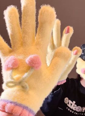 高颜值黄色毛绒针织五指露指樱桃手套女秋冬季保暖骑行车御寒防冻