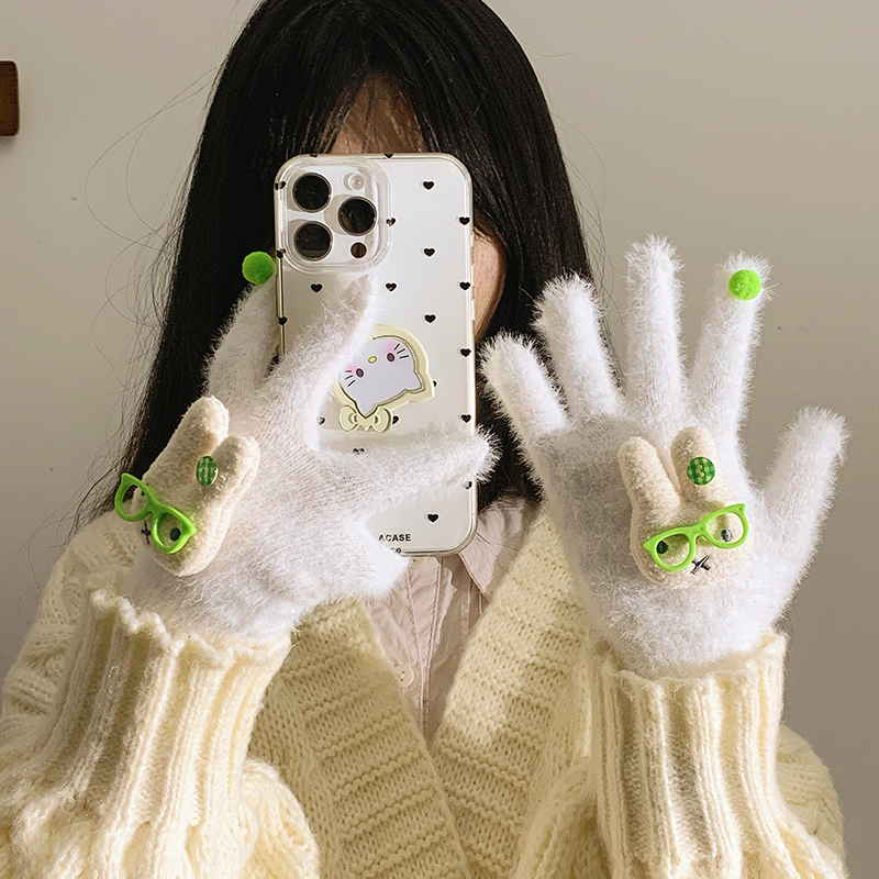 高颜值米菲兔绿色眼镜手套