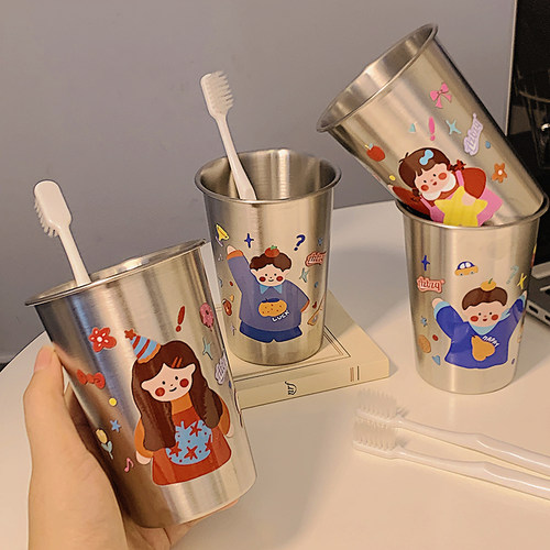 一家四口漱口杯简约家用可爱不锈钢高颜值情侣刷牙加厚卡通洗漱杯