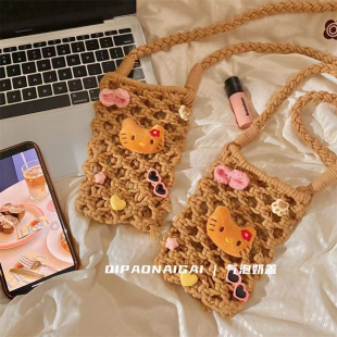 新款 自制黑皮豹纹kt猫收纳包手工编织手机包夏日度假遛弯斜挎包