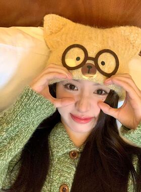 新款眼镜小熊帽毛绒针织帽秋冬季可爱百搭加厚毛线帽卡通款包头帽