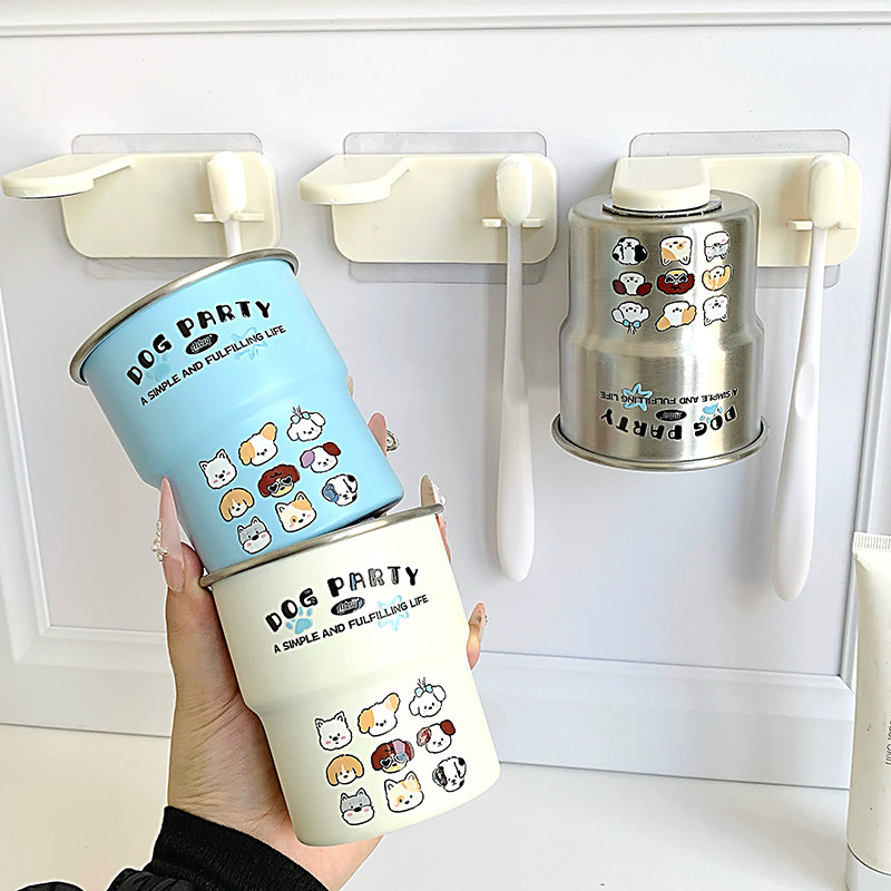 原创卡通小狗漱口杯304不锈钢情侣洗漱杯家用壁挂式儿童刷牙杯子