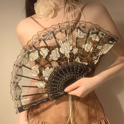 新中式蕾丝玫瑰扇子女夏折扇舞蹈专用古风折叠扇国超仙风马面裙