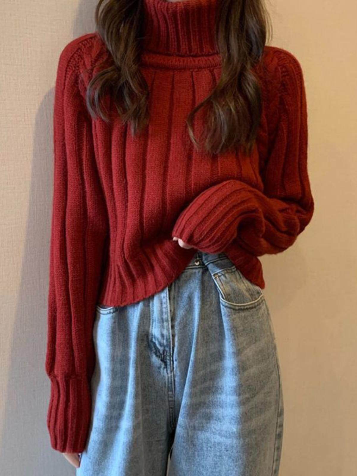 빨간 스웨터 가을 겨울 신년 여성 짧은 풀오버 느슨한 겉옷 게으른 두꺼운 터틀넥 유행 탑 크리스마스