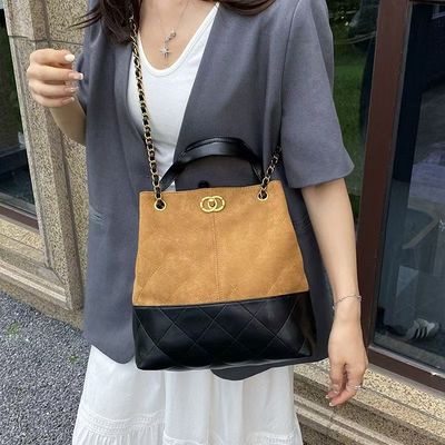 2025新款小香风复古麂皮菱格链条包大容量托特包真皮包单肩水桶包