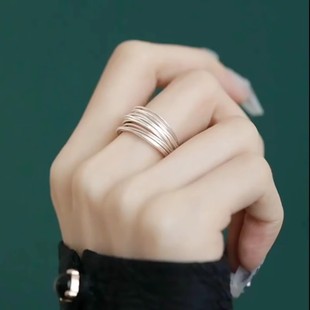 925银复古新中式多层手工银丝素圈戒指环开口调节小众设计高级感