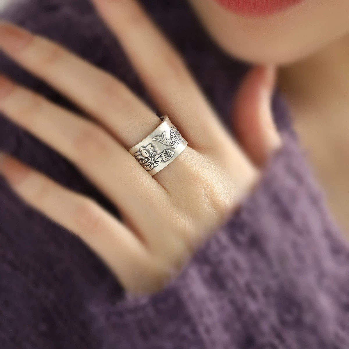 925银复古新中式宽面莲花锦鲤戒指环做旧开口调节小众设计高级感