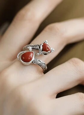 925银复古新中式南红狐狸戒指环开口调节做旧民族风女士简约百搭