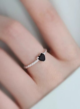 925银复古新中式细圈黑色爱心戒指环开口调节民族风女小众高级感