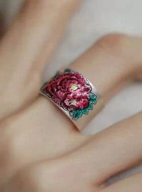 925银复古新中式珐琅滴釉牡丹花戒指环开口调节女民族风小众设计