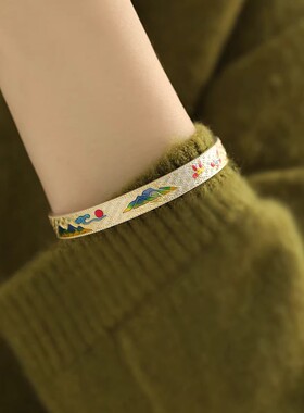 925银复古新中式祥云蝴蝶珐琅开口可调节手镯女百搭民族小众设计