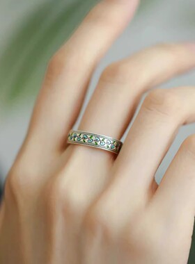 925银复古新中式珐琅蓝杏叶戒指环开口调节小众设计民族风女百搭