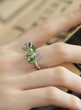 925银复古新中式和田碧玉花团锦簇戒指环开口调节小众设计高级感