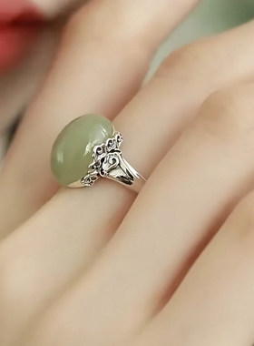925银复古新中式祥云和田玉蛋面鸽子蛋戒指环开口调节小众设计女