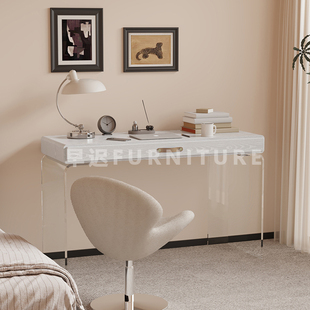 早迟中古风全实木梳妆台家用卧室简约化妆桌设计师白色亚克力书桌