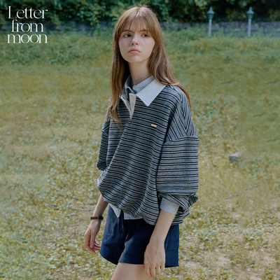 Letter from moon条纹翻领休闲卫衣2025年秋季新款宽松百搭上衣女