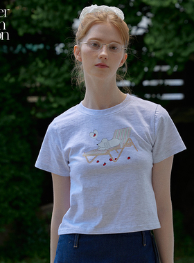 Letter from moon惬意小狗露脐T恤2024夏新款简约可爱正肩短袖女