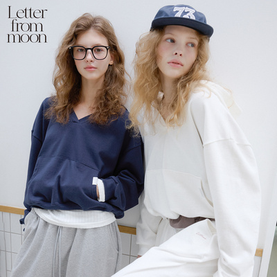 【鞠婧祎同款】Letter from moon25秋款V领连帽卫衣休闲慵懒上衣