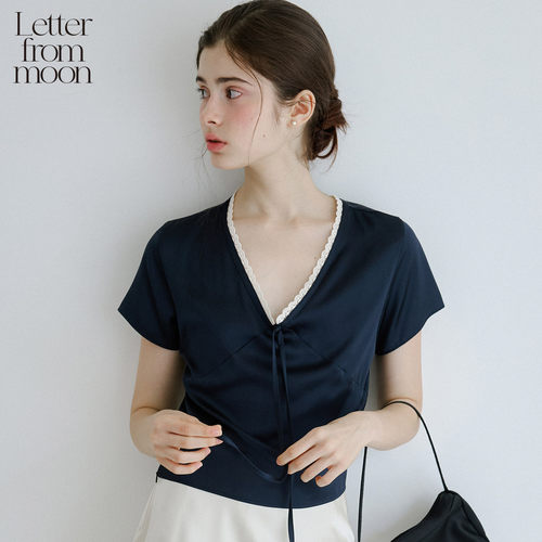 Letter from moon蕾丝绸缎V领上衣2025年夏季新款优雅气质短袖女