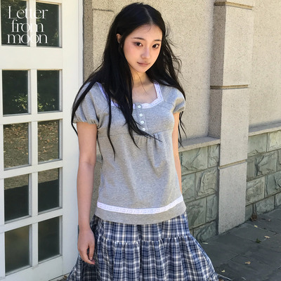 Letter from moon 温柔方领蕾丝短袖2026夏季新款甜美风百搭T恤