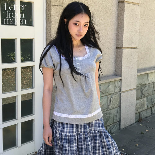 Letter from moon 温柔方领蕾丝短袖2026夏季新款甜美风百搭T恤