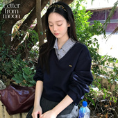 from moon 2026新款 Letter 格纹拼接翻领卫衣女宽松休闲百搭长袖