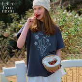 张艺凡同款 Letter from moon花朵印花纯棉T恤25夏宽松短袖 女