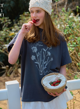 【张艺凡同款】Letter from moon花朵印花纯棉T恤25夏宽松短袖女