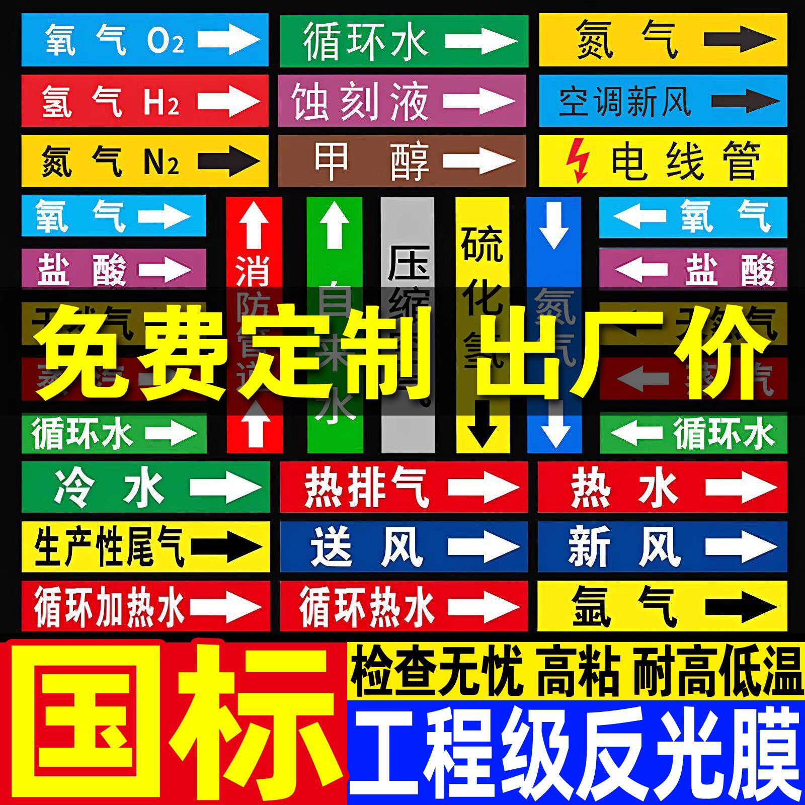 管道标识流向箭头指示贴聚乙烯反光膜压缩空气燃气蒸汽天然气消防化工喷淋自来水进水回水管道介质标签贴
