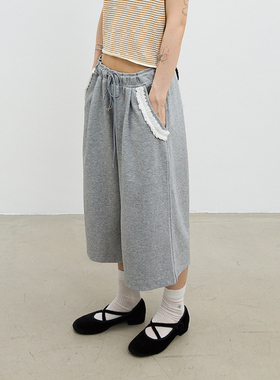 LLCALL 格雷系花灰折耳花边休闲裤垂感阔型A字七分短裤